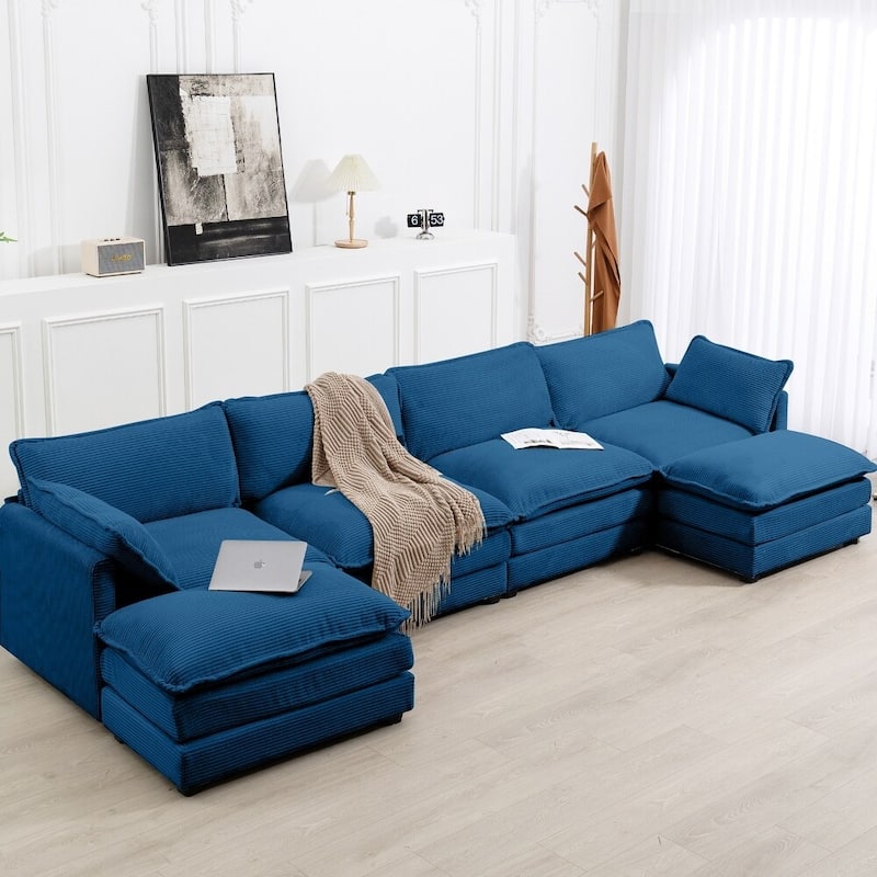 Oversized Modular Corduroy Sectional Sofa Set with Ottoman, 3-Seater / 4-Seater Deep Seat Lounge Couch for Living Room - Navy Blue-4 Seat - Symmetrical