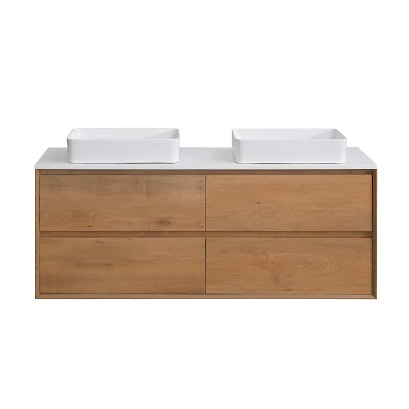 Sylphar 60 inch Toffee Oak Floating Bathroom Vanity with White Quartz Top - Rectangle Sink Style