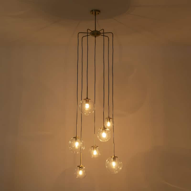 7-Light Modern Linear Cluster Gold Clear Glass Globe Bubble Chandelier Light for Stairways - 23.62 in. W x 47.24 in. H