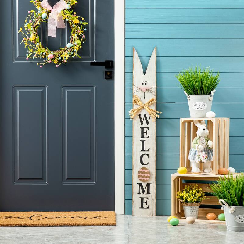 Glitzhome Easter Wooden Bunny Family Standing Decor Porch Sign with Wreath Welcome Wall Decor Party Supplies Props - 42"H Welcome