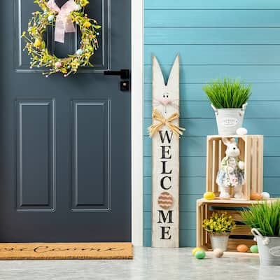 Glitzhome 42"H Wooden Welcome Easter Porch Sign with Bunny Ears Wall Decor Indoor Outdoor