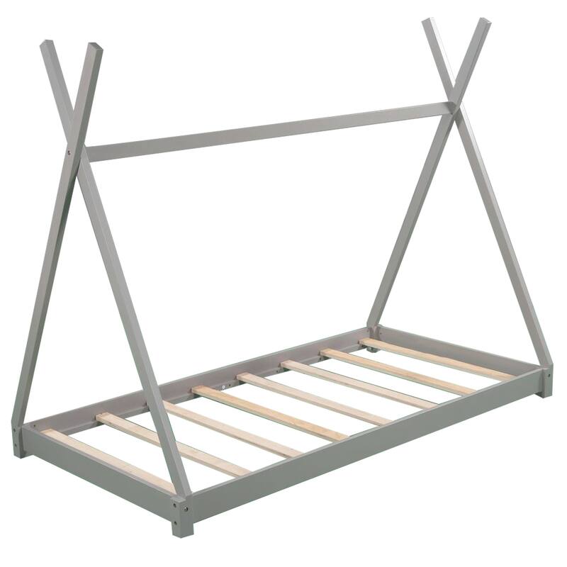 Wood Twin Size House Platform Bed with Triangle Structure Bed Frame
