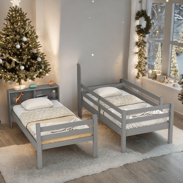 Twin Over Twin Bunk Beds with Bookcase Headboard, Solid Wood Bed Twin Over Twin Bunk Beds with Bookcase Headboard, Solid Wood Bed