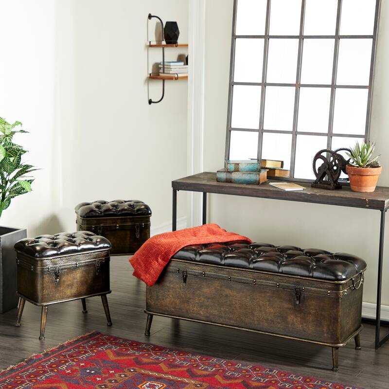 Metal Weathered Storage Bench with Dark Brown Tufted Faux Leather - Set of 3 Bronze - Roche River Decor - 16"W x 48"L x 21"H