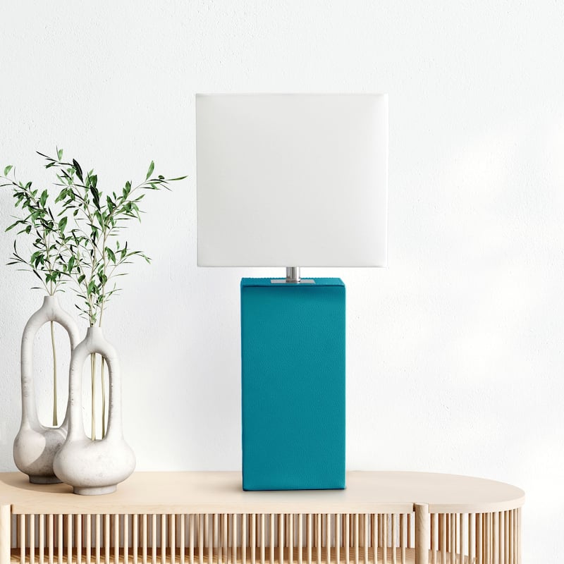 Leather Table Lamp with White Fabric Shade