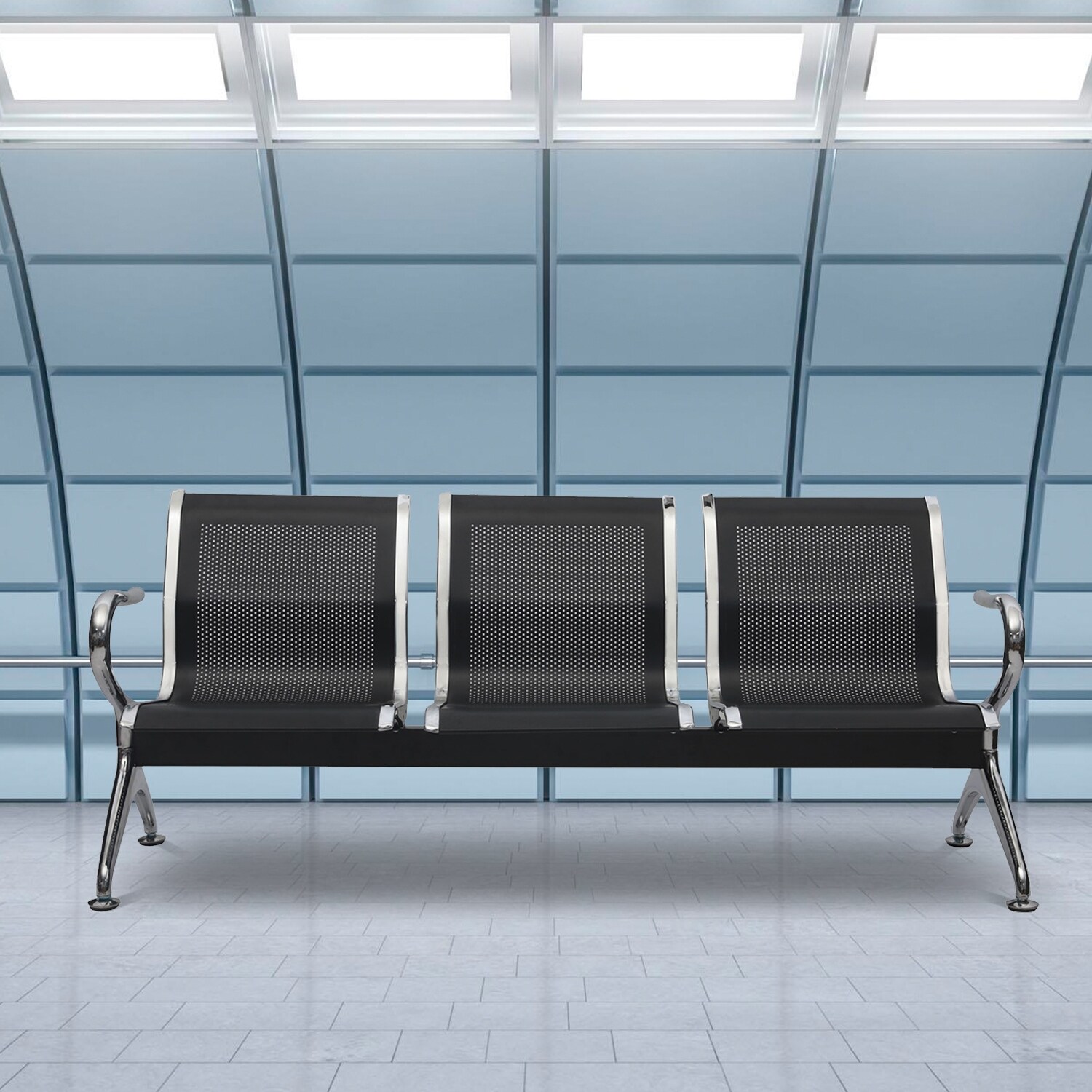 3-Seat Airport Reception Waiting Room Chairs Office Guest Salon Barber Bench 