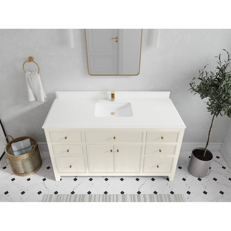 Willow Collections 60 in W x 22 in D Sonoma Free Standing Reeded Single Sink Bathroom Vanity with Countertop - 1.5”White Quartz - Ivory