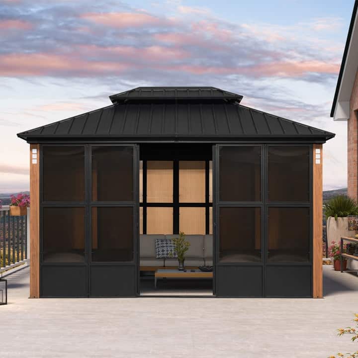 PURPLE LEAF Double Top Outdoor Wood Grain Sunroom All-Weather Screen House Patio Hardtop Gazebo