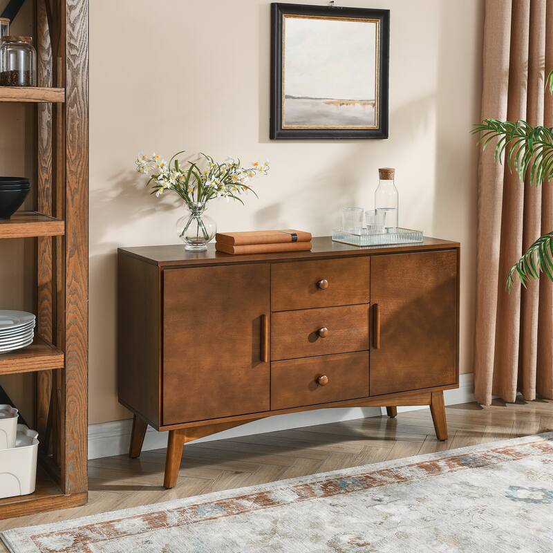 47.3" Mid-Century Sideboard Buffet Cabinet with with 2 Doors and 3 Drawers - Walnut