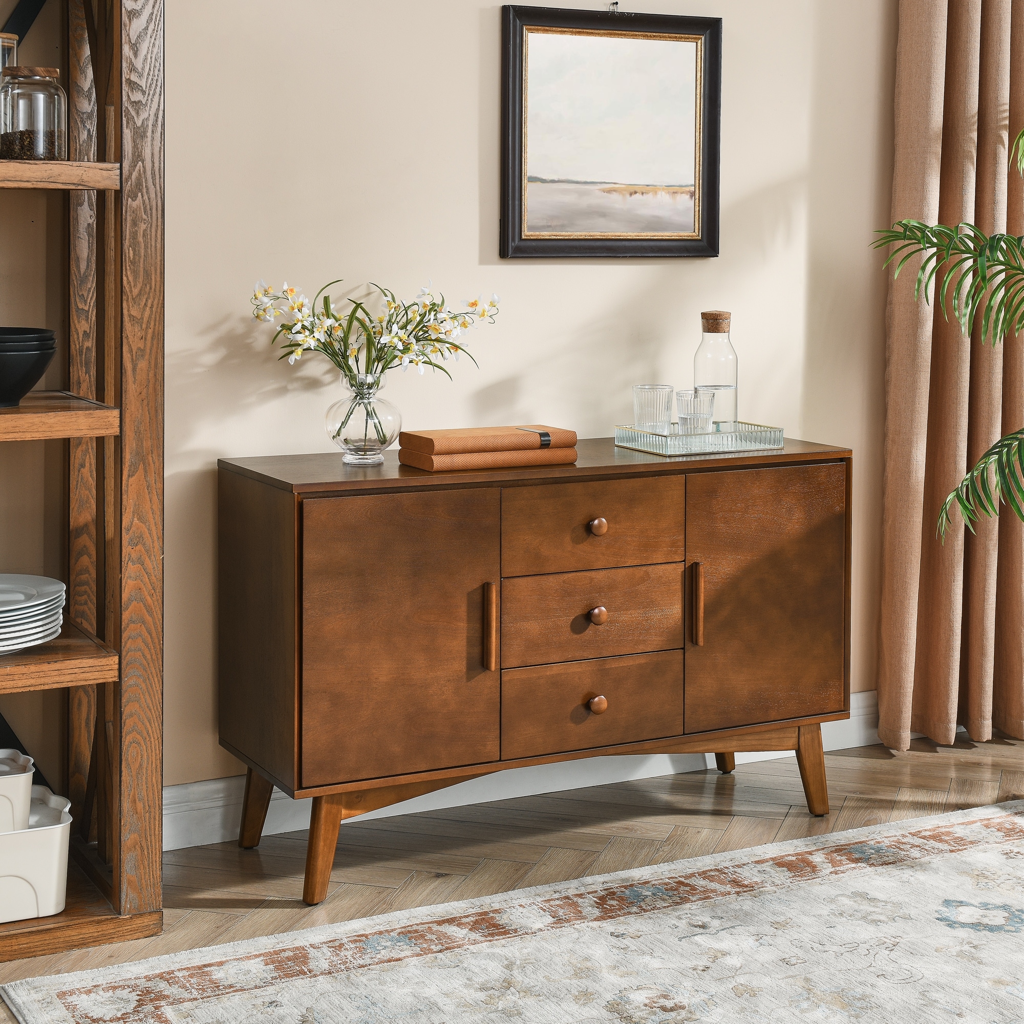 Roomfitters 47.3" Mid Century Sideboard, Buffet Cabinet with 2 Doors, 3 Drawers, Storage Organizer, Walnut