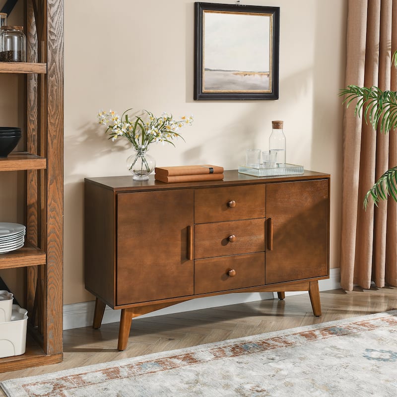 Roomfitters 47.3" Mid Century Sideboard, Buffet Cabinet with 2 Doors, 3 Drawers, Storage Organizer, Walnut