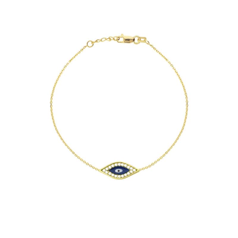 Curata 925 Sterling Silver 7" Cubic Zirconia Enamel Evil Eye Adjustable Bracelet - Rhodium, Yellow and Rose Gold Plated - Yellow Gold Plated