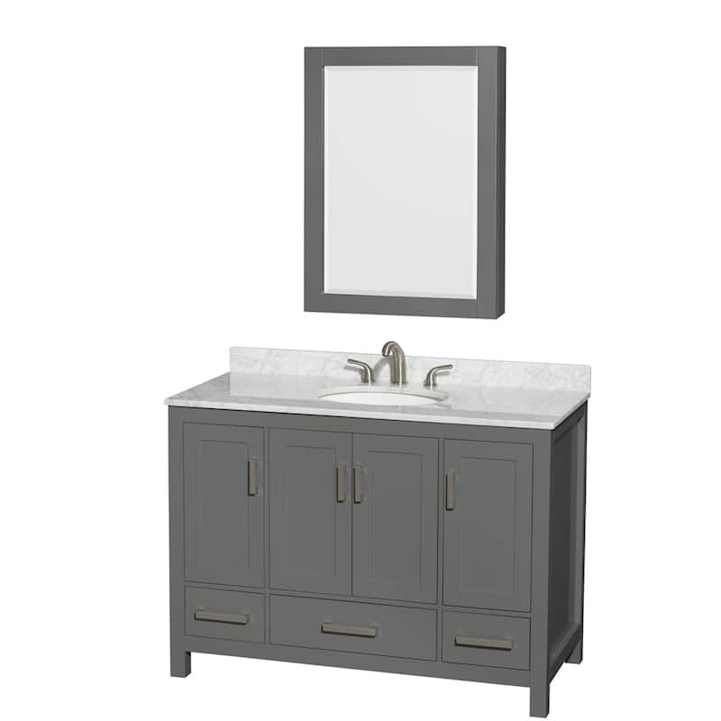 Wyndham Collection Sheffield Single Vanity Set, Medicine Cabinet - 48-Inch Single - Dark Gray, White Carrara Marble Top, Chrome Trim