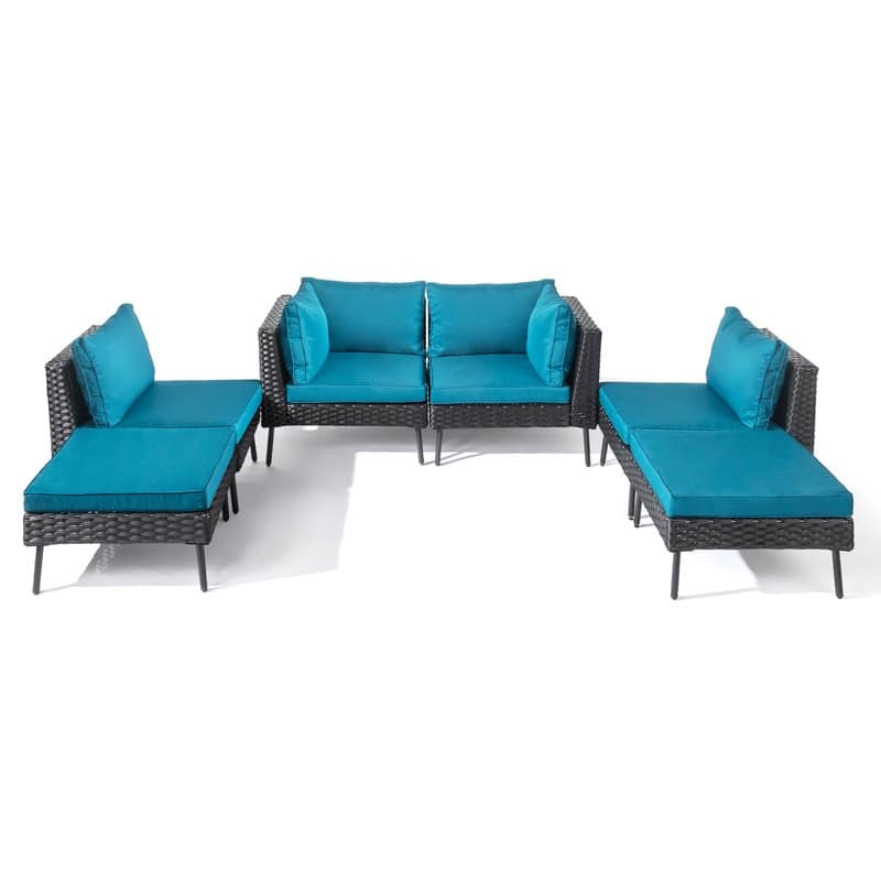 Patio 6-Piece Wicker Sectional Sofa Set with Corner & Ottomans, Adjustable Iron Feet