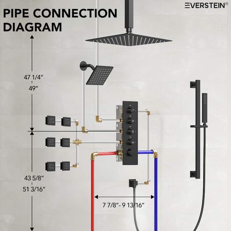 Thermostatic Rainfall Shower System with Handheld Spray, 16" & 6" Dual Shower Head and 6 Body Jets