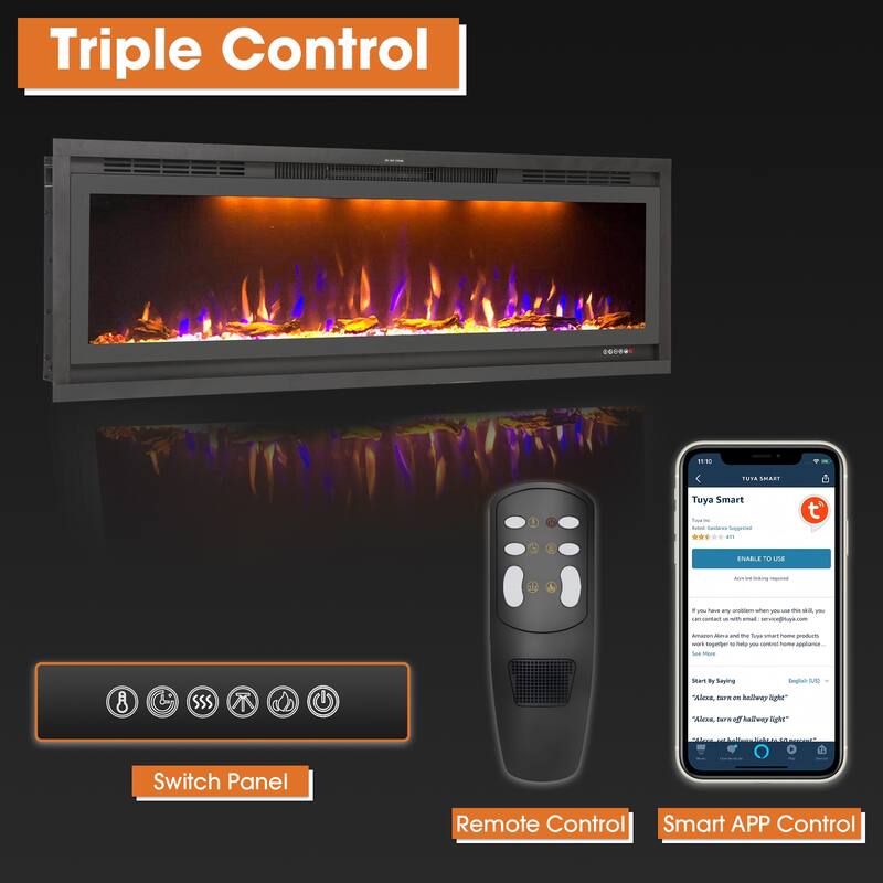 52" 1500W Inserted Wall Mounted Modern Smart Electric Fireplace Heater with APP Control and Remote