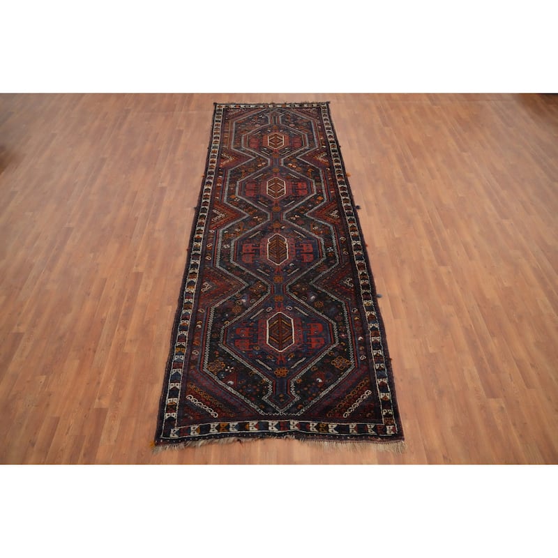 Hand Knotted Oriental 100% Wool Carpet Traditional Tribal Navy Blue & Blues Shiraz Runner Rug - 12' 2'' X 4' 3''