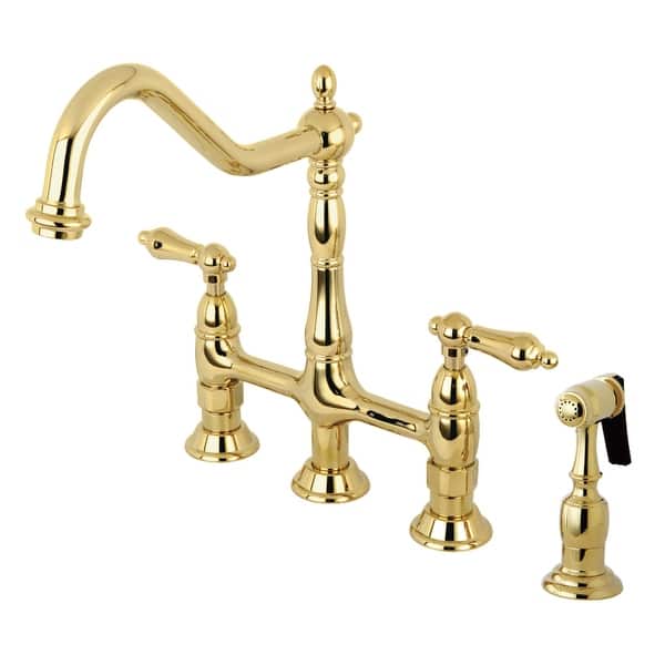 slide 2 of 9, Heritage Bridge Kitchen Faucet with Brass Sprayer Polished Brass