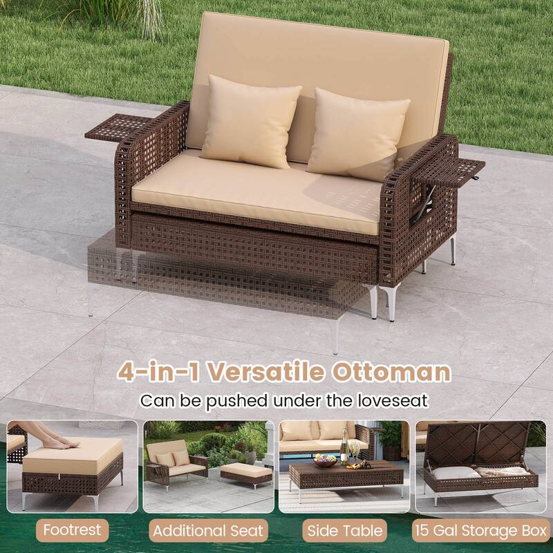 Costway 2 PCS Wicker Loveseat & Storage Ottoman with 4-Level Backrest