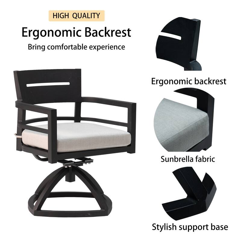 Outdoor Black Swivel Aluminum Chairs with Cushions (Set of 2)