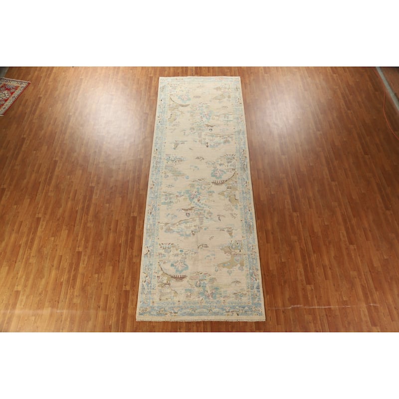 Hand Knotted Oriental 100% Wool Carpet Traditional Floral Beige & Ivories Art Deco Runner Rug - 14' 1'' X 4' 10''