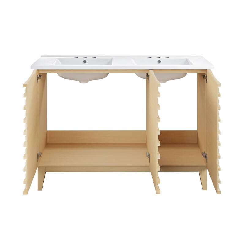 Cascade 48 In. Natural Oak, Double Basin Bathroom Vanity With White, 3-Hole Ceramic Sink Top