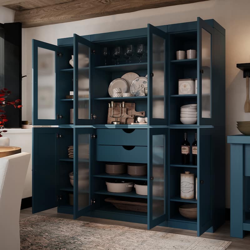 Palace Imports 100% Solid Wood 65" Pantry Cabinet with Frosted Glass, Shaker Doors, 2-Drawers and Adjustable Shelves