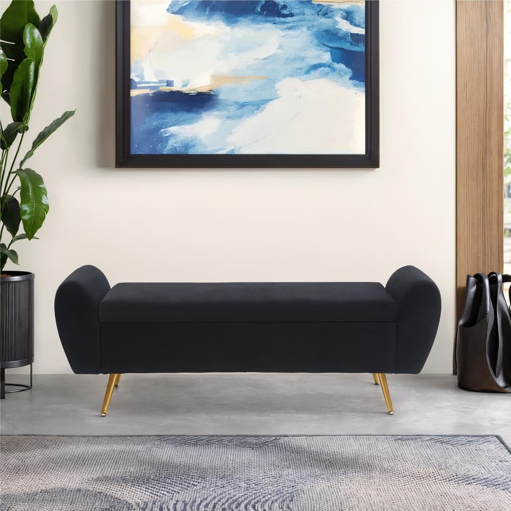 Upholstered 55"W Flip Top Storage Bench Bedroom Bench Modern End of Bed Bench for Entryway Hallway Window with Gold Legs