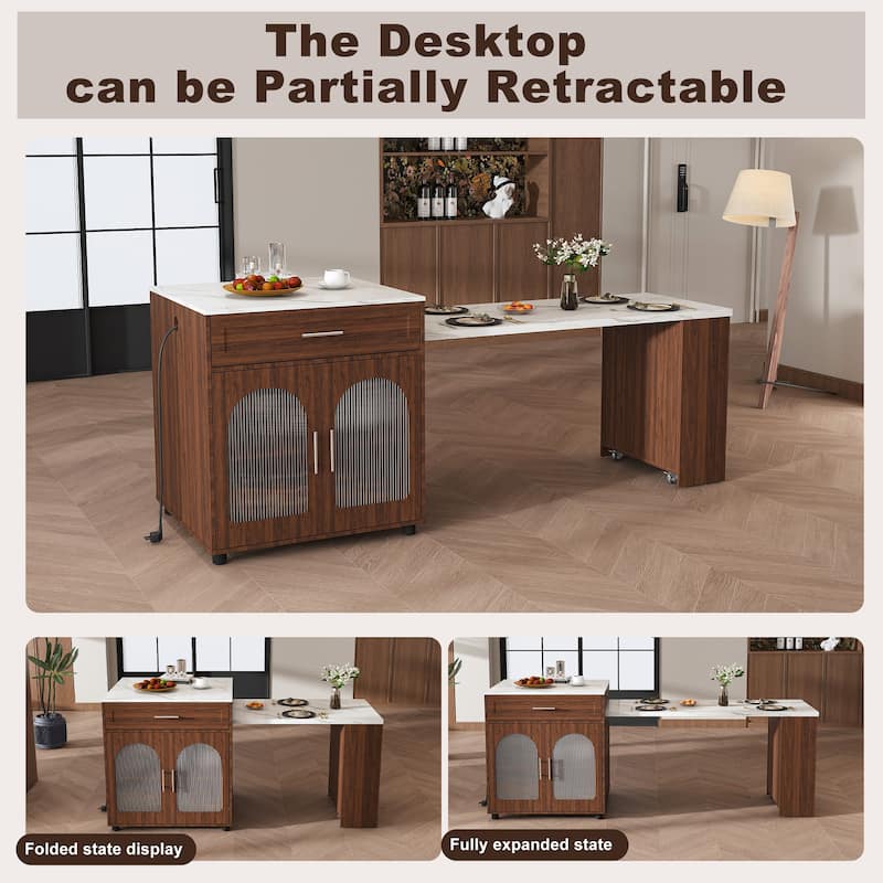 80" Expandable Kitchen Island with Dining Table with Marble-Grain Countertop with Power Outlet