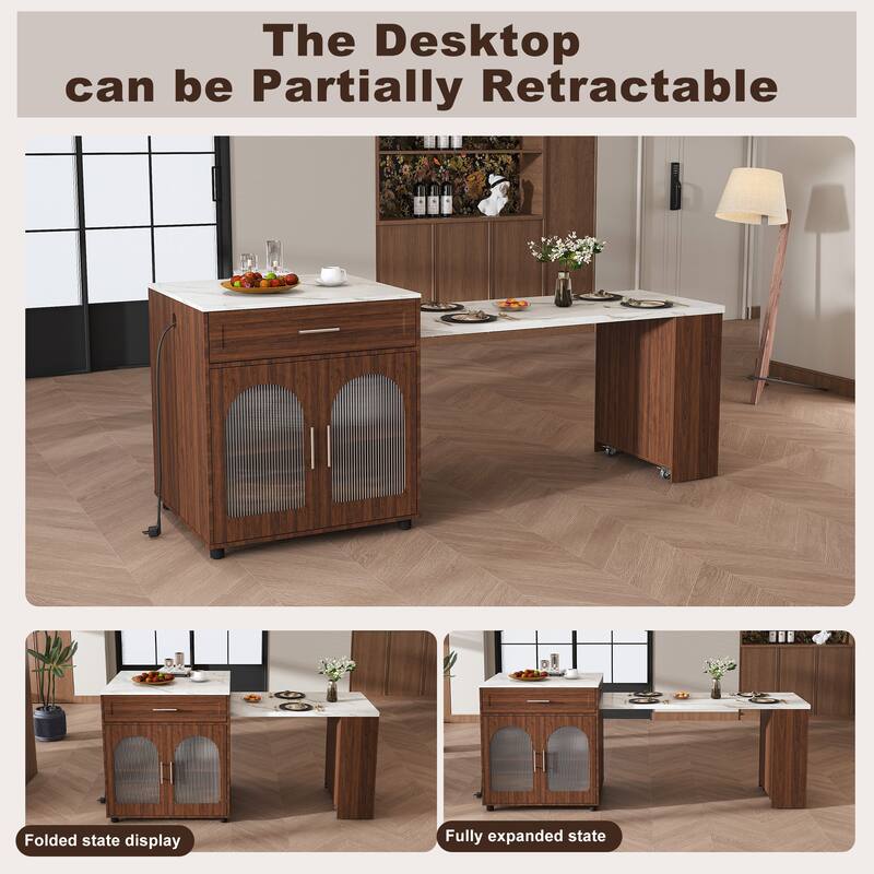 80-Inch Expandable Mobile Kitchen Island with Dining Table, Marble-Grain Top & Power Outlet