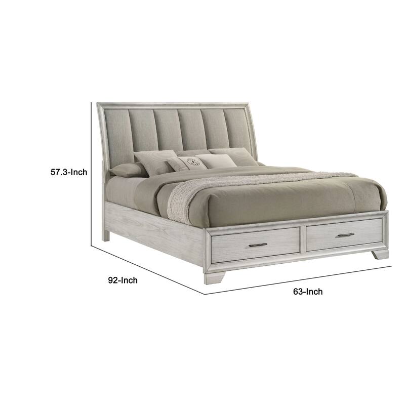 Jeni Queen Size Storage Bed, 2 Drawer Footboard, White Mist Upholstery