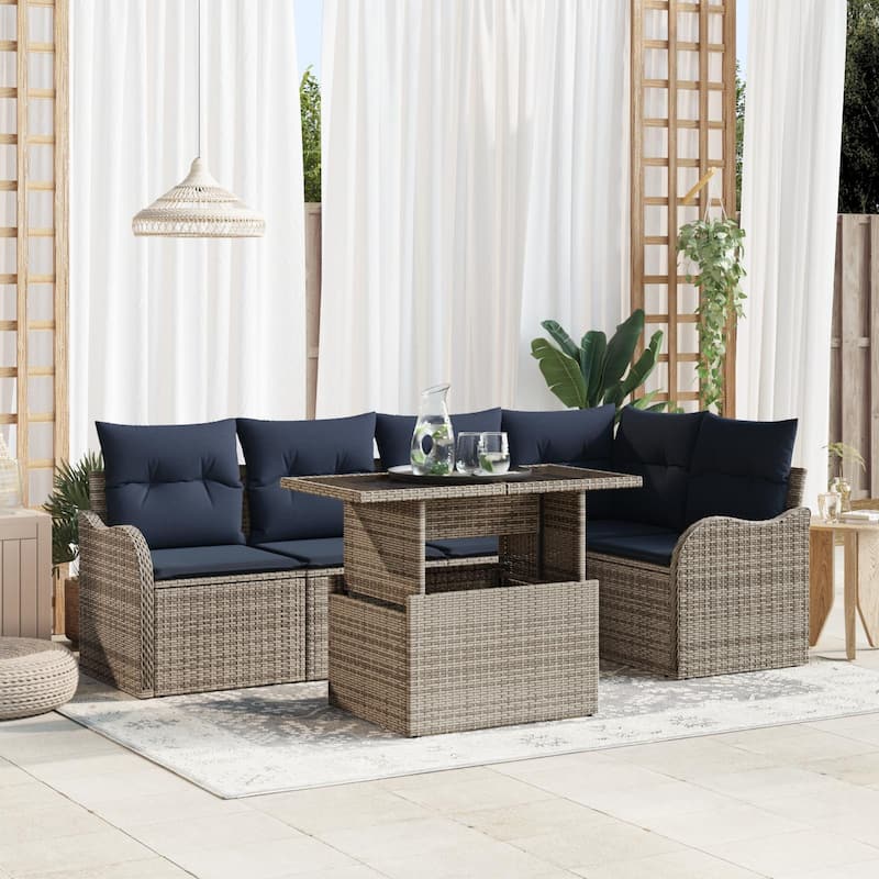 vidaXL 6 Garden Sofa Set with Cushions Black/Brown/Grey Poly Rattan - 91.5 x 48.2 x 27.2 - Grey