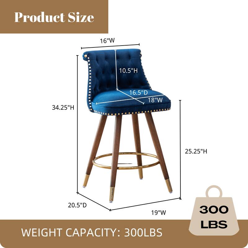 Set of 2 Button-Tufted Counter Stools with Nailhead Trim