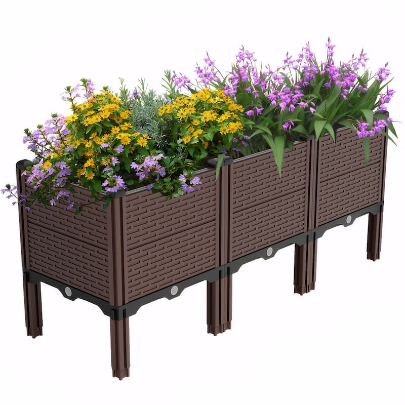Large Capacity Raised Outdoor Garden Bed Plater Box with Drainage - Black+Brown