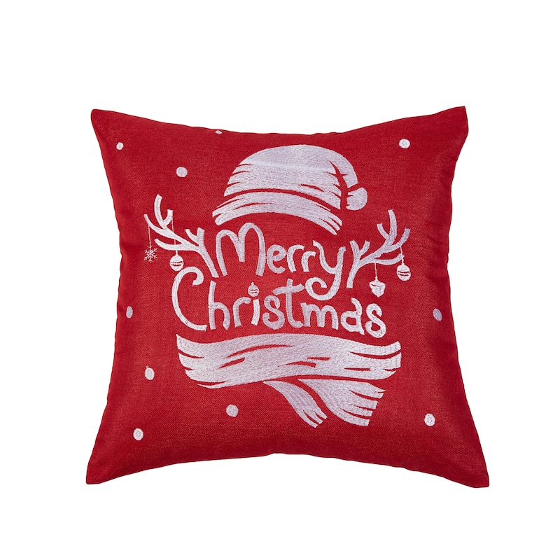 Violet Linen Seasonal Xmas Christmas Holiday Spirits Pattern Decorative Cushion Cover - Red with White Embroidered