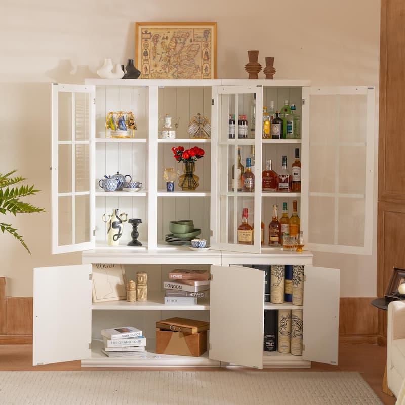 Roomfitters 75.25'' Pantry Cabinet Set with Glass Doors, Farmhouse Display Hutch Wall Storage Cabinet for Kitchen, White