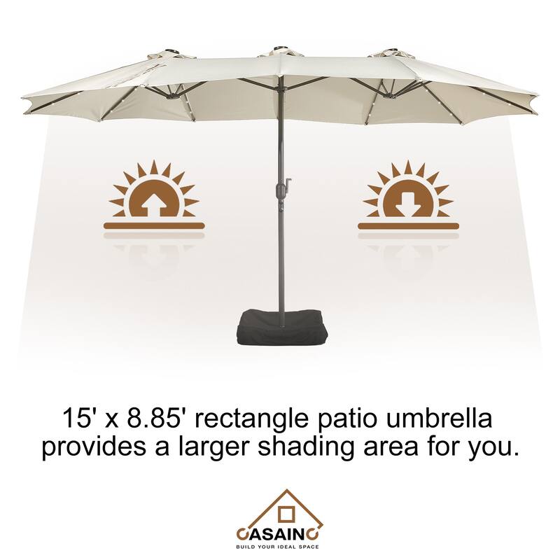 15-ft. Rectangular Crank Double-sided Outdoor Market Umbrella Solar LED Lighted Patio Umbrella with Base Included