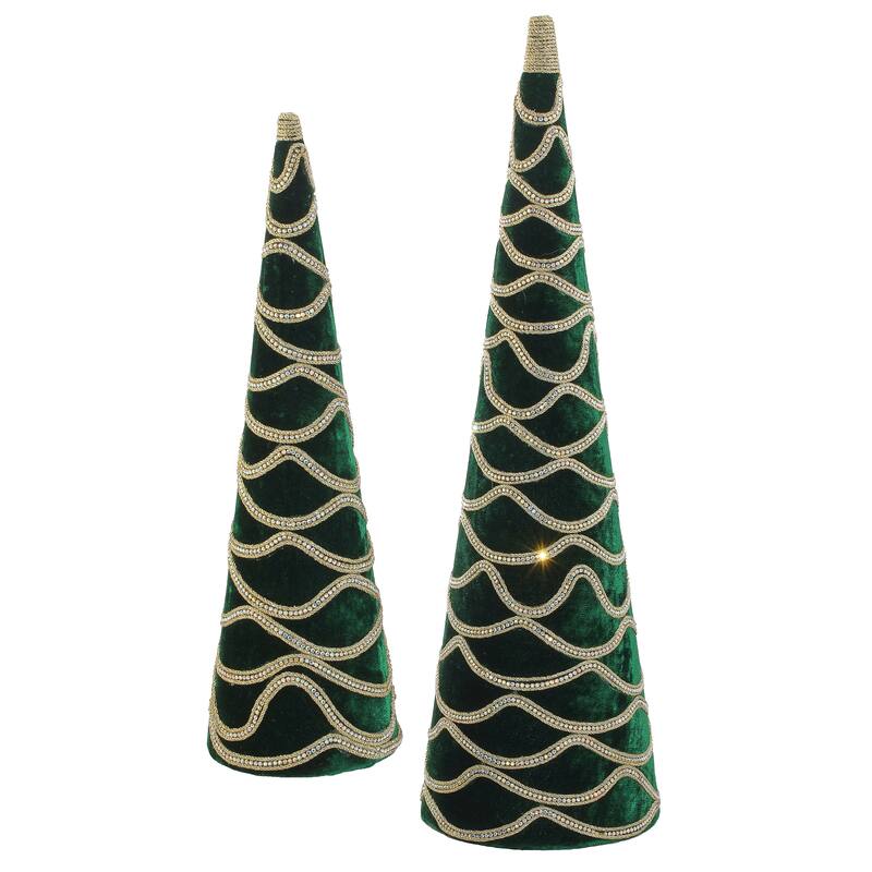 18-24" Velvet With Jewel Cone Tree Set of 2