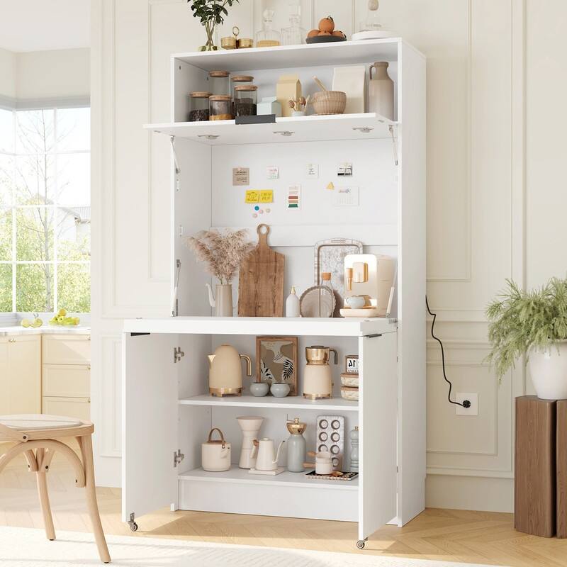 69"Tall Kitchen Pantry with Hutch, Multifunctional Storage Cabinet with Adjustable Shelf and Power Outlet