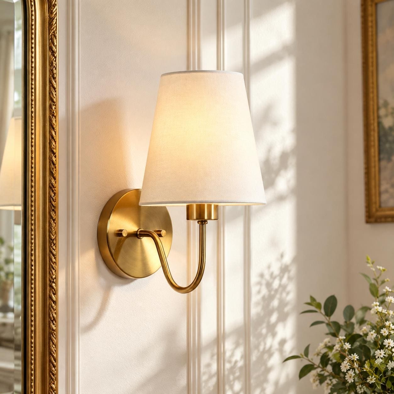 LALUZ Modern Farmhouse 11" H 1-Light Gold Wall Sconce Fabric Shade Bathroom Vanity Light - Dia. 6.7" x H 10.9"