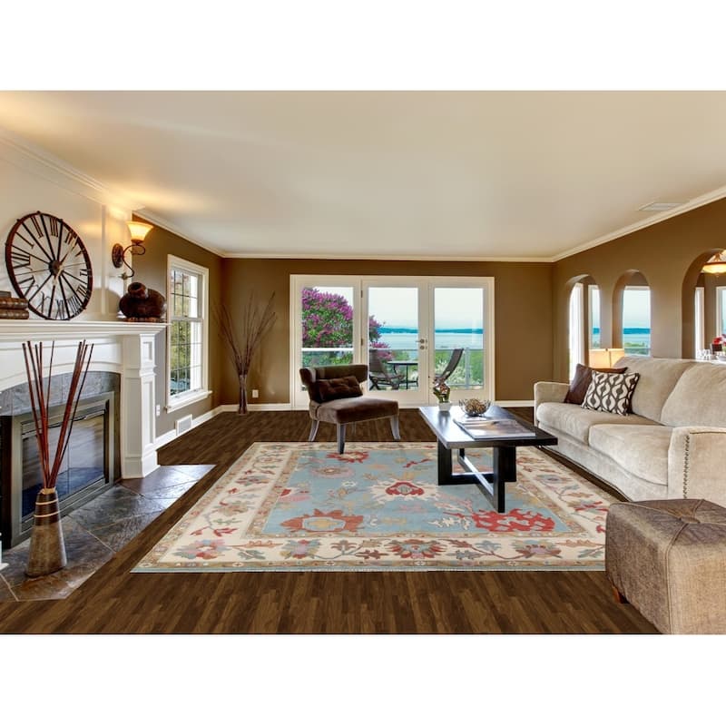 Light Blue Oushak Oriental Area Rug Handmade Floral Wool Carpet - 9'0"x 11'10"