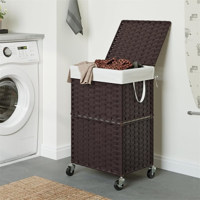 Rolling Laundry Basket with Lid - 16.9"L x 13"W x 23.6"H - 16.9"L x 13"W x 23.6"H - Brown
