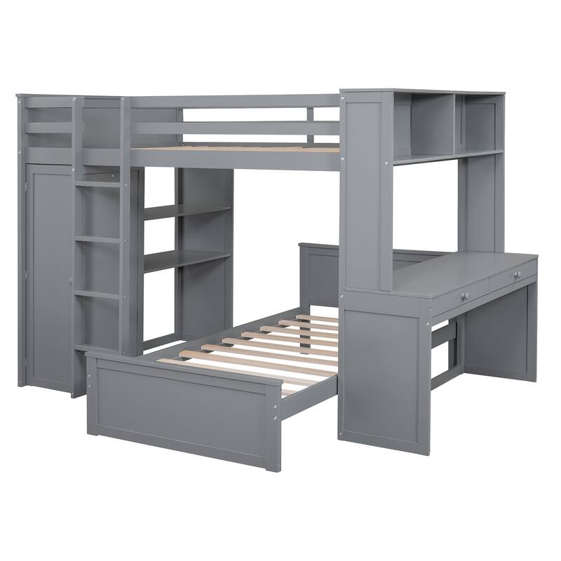 Full Size Loft Bed with Twin Bed, Shelves, Desk, and Wardrobe in Gray