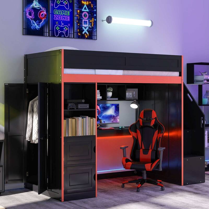 Gaming Loft Bed with Desk, Storage, and LED Lighting by Harper&Bright Designs