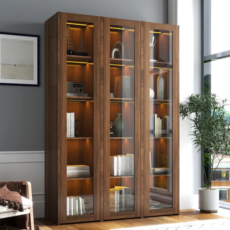 Display Cabinet with Glass Doors, Curio Storage Cabinet with 5 Shelves & Led Lights