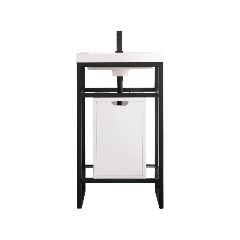 James Martin Vanities Boston 20" Stainless Steel Sink Console, Matte Black w/ White Glossy Composite Stone Top - Glossy White Storage Cabinet