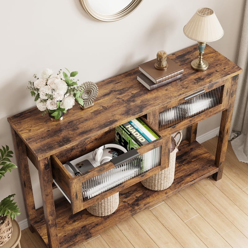 Farmhouse Console Table with 2 Glass Drawers & Shelf