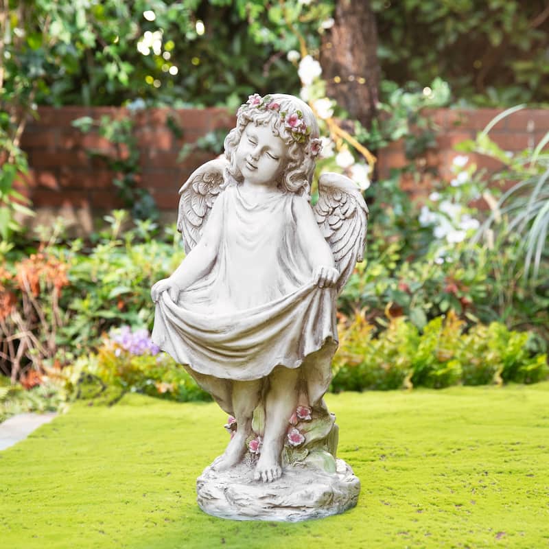 Glitzhome Vintage MgO Angel Distressed Garden Statue Sculpture with a Birdfeeder