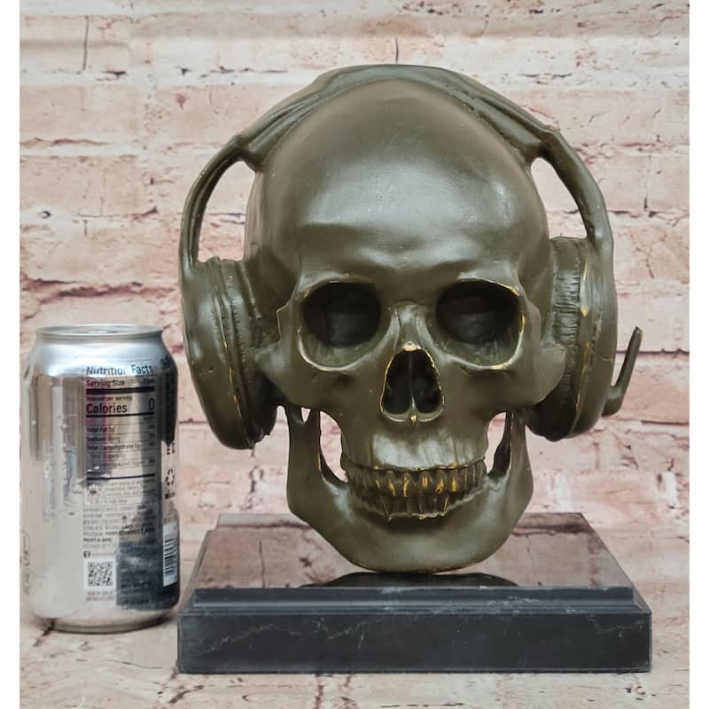 Skull With Headphones Bronze Sculpture - Modern Gothic Music Art