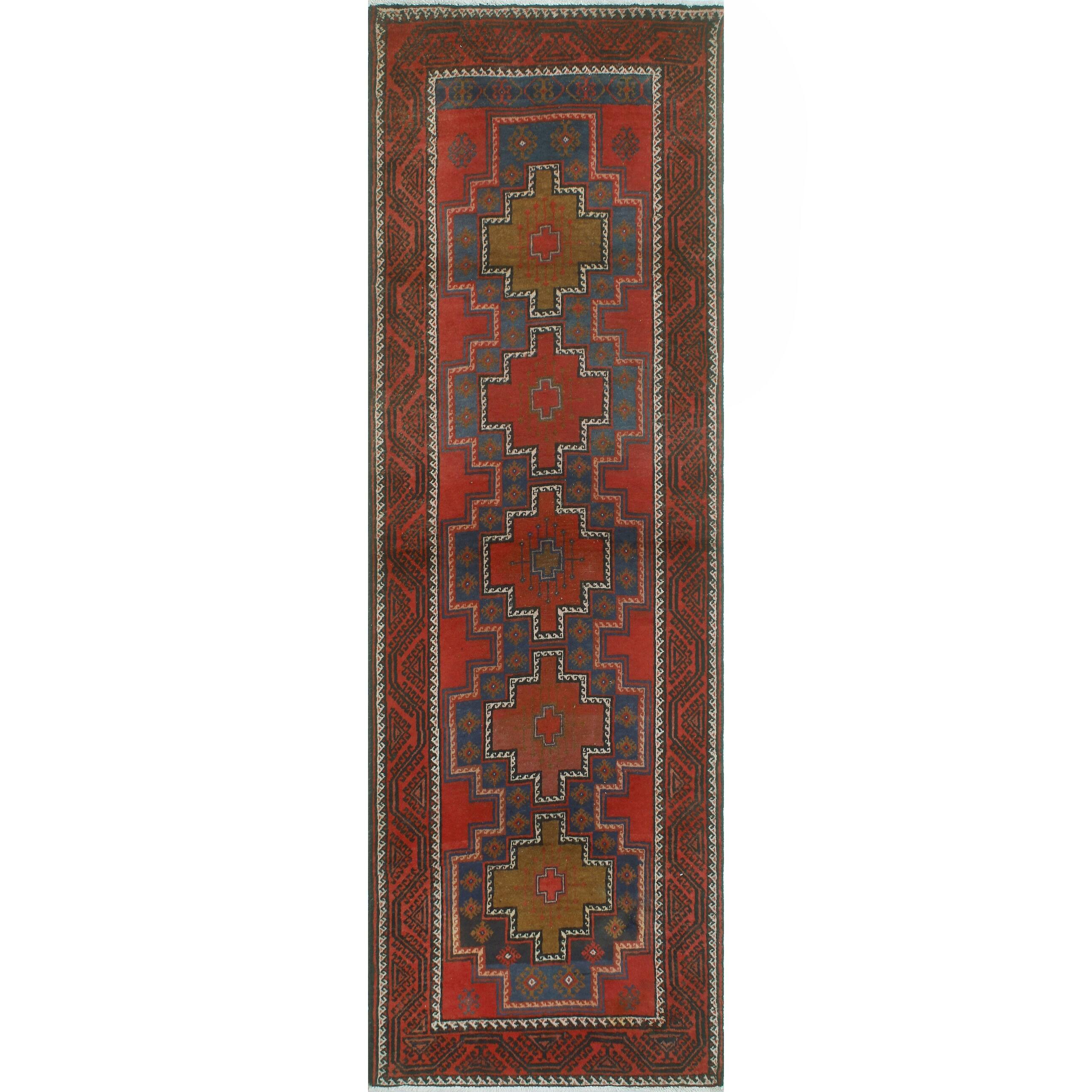 Noori Rug Fine Vintage Distressed Helmand Red/Blue Runner 3'1" x 9'3